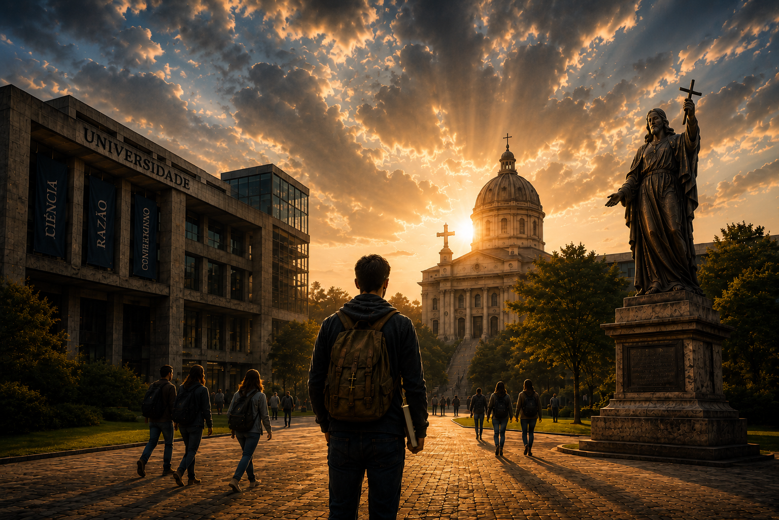 Universitário de mochila diante de uma catedral ao entardecer, ao lado da imagem de Cristo