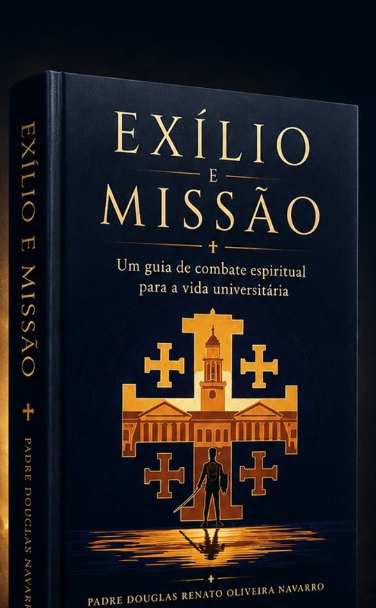 Livro Exílio e Missão, de Padre Douglas Renato Oliveira Navarro — edição física, capa com a Cruz de Jerusalém.